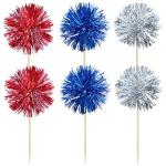 Gyufise 30Pcs Foil Firework Cupcake Toppers Sparkle Tinsel Cake Toppers Tinsel Drink Cake Decoration Cocktail Picks for Birthday Wedding Graduation Party Supplies Silver Dark Blue Red