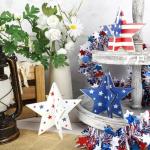 COCHIE 6 Inch Labor Day Decorations Wooden Stars Set, Vintage 3D Star Memorial Day Tiered Tray Decor, 4th of July Red White Blue Patriotic Decoration for Home Table Desk Door Shelf (Flag Retro)