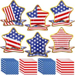 Funnymoom 96 Pcs 4th of July Plates and Napkins Sets 9" Gold Foil Star Shaped Disposable Dinner Dessert Plates Cocktail Napkins for Patriotic Independence Day American Flag Party Supplies, Serve 48