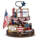 FairySandy 13 Pcs 4th of July Decorations Patriotic Tiered Tray Decor Rustic Americana USA Flag Farmhouse Wooden Sign Star Red White Blue Sign Independence Day Memorial Day Decor for Table Home Party
