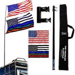 The Traveler Two Flag RV Ladder Flag Pole Kit. Includes Two Beautiful 3’x5’ Flags, Steel RV Flag pole Mount, Fits Standard 1” RV Ladders,14ft Fiberglass Retractable Pole, And A Storage Bag.