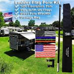 The Traveler Two Flag RV Ladder Flag Pole Kit. Includes Two Beautiful 3’x5’ Flags, Steel RV Flag pole Mount, Fits Standard 1” RV Ladders,14ft Fiberglass Retractable Pole, And A Storage Bag.