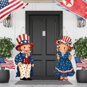 Shellwei 2 Pcs 4th of July Hanging Sign Wooden Patriotic Front Door Decorations Memorial Day Hanging Decorations for Independence Day 250th Anniversary Home Front Porch Wall Indoor Outdoor Door Hanger