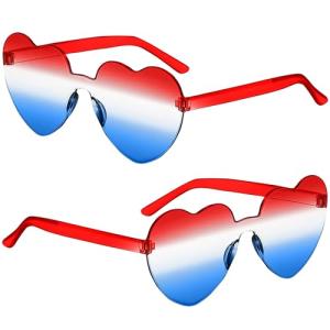 2 Pair Heart Sunglasses for Women Men, Patriotic Rimless heart Shaped Sunglasses USA Red White Blue Accessories for Memorial Day 4th of July Beach Pool Birthday Party Favor (Red White Blue-Heart)