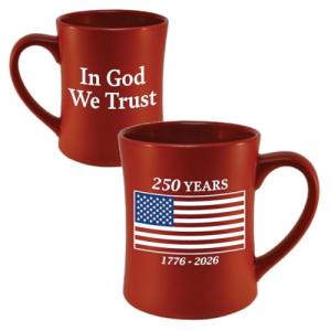 RFSJ 250 Years of America Red Ceramic Diner Mug - Patriotic 1776-2026 American Flag Anniversary Design - Sculpted Contoured Ceramic Coffee Mug - 16oz