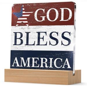 Christian 4th of July Patriotic Decorations Gifts for Independence Day Decor, God Bless America Farmhouse Desk Table Decor Acrylic Plaque with Wooden Stand, Memorial Day Red White and Blue Art Decor
