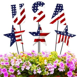 Pickmesh 6 Pcs 12" H Patriotic Metal Yard Sign Patriotic Garden Stake 250th Anniversary Star USA Flag American Yard Sign for Memorial Day Outdoor Decor 4th of July Independence Day Decoration