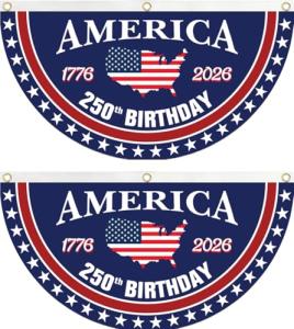 WENWELL America 250th Birthday Bunting Flag, 1776-2026 Commemorative Patriotic Fan Banner, 1.5x3 FT with Brass Grommets 2 Pack