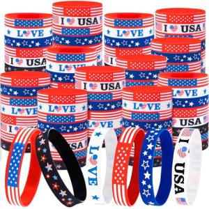 Moon Boat 144PCS 4th/Fourth of July Accessories Party Favors: Patriotic Silicone Rubber Bracelets Bulk USA Flag Wristbands American Memorial Day Decorations Gifts Supplies