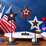 Amyhill 3 Pcs USA 250th Anniversary Table Decoration Patriotic Centerpieces Wooden Standing Red Blue White Star Block Rustic Memorial Independence Day Centerpieces for American Festival(Cool)