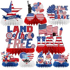 Refavor Memorial Day Decorations for Office, 9PCS Patriotic American 250th Honeycomb Centerpieces Party Decorations, 4th of July Red White and Blue Home Table Decor