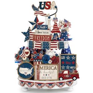 Seeloowy 26 Pcs 4th of July Tiered Tray Decoration Patriotic USA Flag Wood Signs Rustic Wooden Tiered Tray Decorations for Memorial Day Home America's 250th Birthday Party
