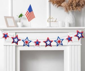 Whaline Patriotic Felt Banner 3D Star Pre-Strung Banner Red Blue White 4th of July Bunting Garland for Independence Day Hanging Decoration
