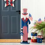 Glitzhome 4th of July Porch Sign 40" Patriotic Uncle Sam Porch Decor Wooden Patriotic Welcome Outdoor Sign
