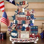 Seeloowy 26 Pcs 4th of July Tiered Tray Decoration Patriotic USA Flag Wood Signs Rustic Wooden Tiered Tray Decorations for Memorial Day Home America's 250th Birthday Party