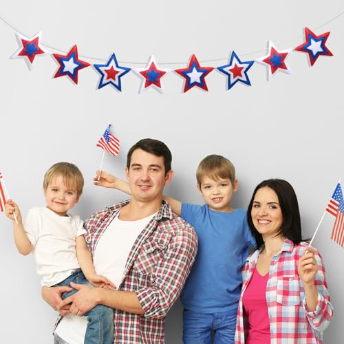 Whaline Patriotic Felt Banner 3D Star Pre-Strung Banner Red Blue White 4th of July Bunting Garland for Independence Day Hanging Decoration