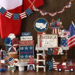 Seeloowy 26 Pcs 4th of July Tiered Tray Decoration Patriotic USA Flag Wood Signs Rustic Wooden Tiered Tray Decorations for Memorial Day Home America's 250th Birthday Party