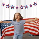 Whaline Patriotic Felt Banner 3D Star Pre-Strung Banner Red Blue White 4th of July Bunting Garland for Independence Day Hanging Decoration