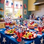 FUBININA 6 Pack 4th of July Table Centerpiece Decoration Metallic Foil Spray Star Burst Patriotic Decoration Independence Day Labor Day Veteran Day Memorial Day Party Supplies, Red White and Blue