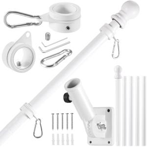 BONWIN White Flagpole Kits, 6 FT Thickened Stainless Steel House Porch Wall Flag Pole Kit for 3x5'/4x6' Flag, 1" Anti-Wrap Spinning Flag Pole Ring Clips & 180° Adjustable Multi-Position Bracket Holder