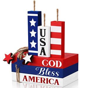 6 Pcs 4 of July Tiered Tray Decor Patriotic 250th Anniversary Wooden Firework Sign Faux Book Stack Sign Rustic Fireworks Centerpiece Red White and Blue Table Decor for Independence Day Home
