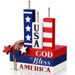 6 Pcs 4 of July Tiered Tray Decor Patriotic 250th Anniversary Wooden Firework Sign Faux Book Stack Sign Rustic Fireworks Centerpiece Red White and Blue Table Decor for Independence Day Home