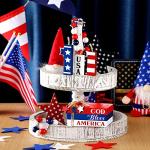 6 Pcs 4 of July Tiered Tray Decor Patriotic 250th Anniversary Wooden Firework Sign Faux Book Stack Sign Rustic Fireworks Centerpiece Red White and Blue Table Decor for Independence Day Home