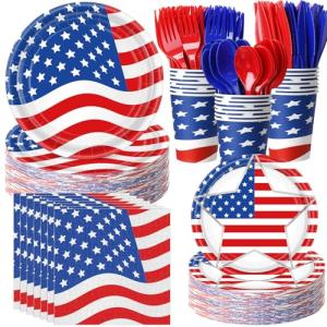 Sunnychicc 400 Pcs American Flag Patriotic Party Supplies Labor Day Disposable Paper Plates Napkins and Cups Veterans Election Tableware for Independence 4th of July Memorial Day(Novelty)