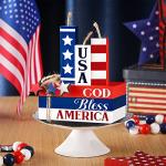 6 Pcs 4 of July Tiered Tray Decor Patriotic 250th Anniversary Wooden Firework Sign Faux Book Stack Sign Rustic Fireworks Centerpiece Red White and Blue Table Decor for Independence Day Home