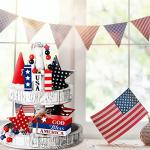 6 Pcs 4 of July Tiered Tray Decor Patriotic 250th Anniversary Wooden Firework Sign Faux Book Stack Sign Rustic Fireworks Centerpiece Red White and Blue Table Decor for Independence Day Home