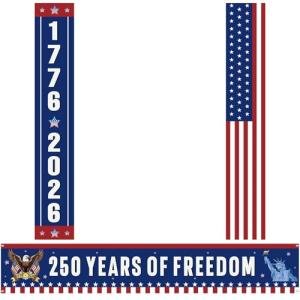 Peryiter 3 Pcs American 250th Anniversary Banners Patriotic Decorations 250 Years of Freedom Banner Flag 1776-2026 USA Birthday Porch Sign for 4th of July Independence Day Party Supplies