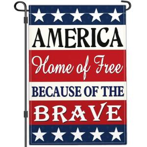 Yesuavt 4th of July Patriotic Garden Flag Independence Memorial Day American Yard Garden Flags for Outside 12x18 Double Sided Home of Free Because of the Brave Sign Flag Outdoor House Decorations