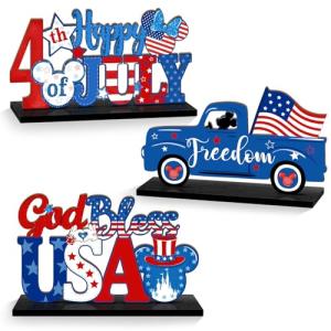 4th of July Table Decorations Mouse Shaped, 3 Pieces Patriotic Memorial Day Table Signs Centerpiece, Independence Day Wooden Tabletop Sign With Base, Freedom Truck Star USA Ornament for Home Decor