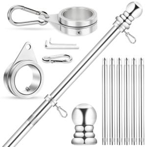 Flag Pole for Outside House Porch Wall Mount, REERON 7 FT No Tangle Stainless Steel Spinning Flagpole Kit with 360° Rotating 1" Metal Flag Pole Rings Clips for 3x5' 4x6' American Flag, Without Bracket
