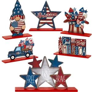 DoubleFill 6 Pcs 4th of July Table Decorations Memorial Day Centerpiece Wooden Patriotic Table Sign American 250th Anniversary Gnome Wooden Sign Retro Wood Block for Independence Day Home Party Decor