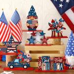 DoubleFill 6 Pcs 4th of July Table Decorations Memorial Day Centerpiece Wooden Patriotic Table Sign American 250th Anniversary Gnome Wooden Sign Retro Wood Block for Independence Day Home Party Decor