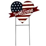 USA Flag Heart Welcome Lawn Sign – 22.5" x 16" Metal Garden Decorative Stake, Patriotic Yard Decor, American Flag Outdoor Decor for 4th of July, Red Blue & White Metal Sign, Memorial Day, Veterans Day, Rustic Americana Lawn Decoration