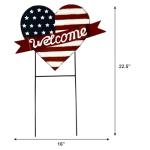 USA Flag Heart Welcome Lawn Sign – 22.5" x 16" Metal Garden Decorative Stake, Patriotic Yard Decor, American Flag Outdoor Decor for 4th of July, Red Blue & White Metal Sign, Memorial Day, Veterans Day, Rustic Americana Lawn Decoration