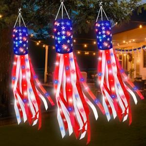3 Pack 60 Inch Large American Flag Windsocks with Red White Blue Lights, 250th Anniversary USA Patriotic Wind Sock Memorial Day Decorations Outdoor 4th of July Decor Independence Day Outside Yard