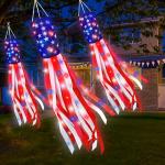 3 Pack 60 Inch Large American Flag Windsocks with Red White Blue Lights, 250th Anniversary USA Patriotic Wind Sock Memorial Day Decorations Outdoor 4th of July Decor Independence Day Outside Yard