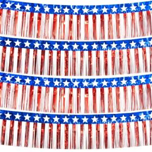 4 Packs 10 Feet Long Foil Fringe 4th of July Star Garland Memorial Day USA Red White Blue Independence Day Tinsel Metallic Streamers Patriotic Banner Car Parade Floats Garden Trailer Decor