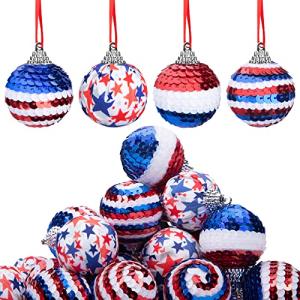 24 Piece Independence Day Hanging Ball - 1.57" Memorial Day Sequin Hanging Ball Ornament - 4th of July Red White Blue Tree Decorations for Memorial Day Veterans Patriotic USA Themed Party Supplies
