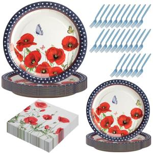 Wehhbtye 100 Pcs 4th of July Poppy Flower Plates and Napkin, Memorial Paper Plates Tableware with Forks, Disposable Poppy Floral Party Supplies for Veterans Day Independence Day Patriotic Decoration