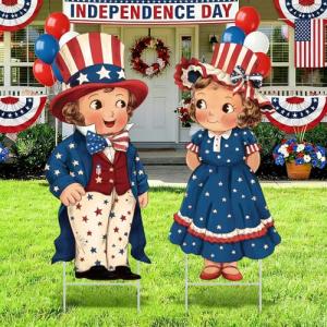 Beeveer 2 Pcs 4th of July Decorations Vintage Patriotic Yard Decor Outdoor 250th Anniversary Memorial Day Yard Sign with Stakes Front Door Hanging Sign for Porch Door Garden Patio Lawn Party Supplies