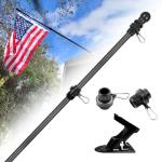 HIBLE 5 Foot Carbon Fiber Flag Poles for House Porch, 1 Inch Strong Black Flag Pole with Smooth Bearings Tangle Free Flagpole Rings (4 Sections, with Bracket)