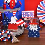 4th of July Table Decorations Set 2PCs Patriotic Centerpieces Rustic Independence Day Red White Blue Wood Gnome and Bald Eagle Figures 3D American Festive Tiered Tray Decor (2pcs)
