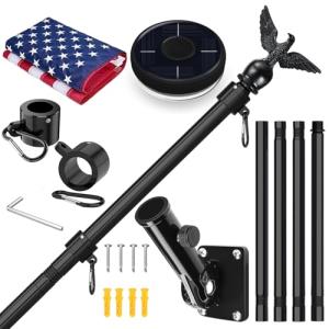 LETSTRY 5FT Flag Pole Kit for Outside House with American Flag & Solar Light,1" Thickened Stainless Steel Wall Mount Flagpole with 180°Adjustable Bracket for Residential Outdoor Porch, Black