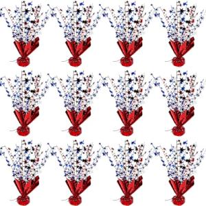 FUBININA 12 Pack 4th of July Table Centerpiece Decoration Metallic Foil Spray Star Burst Patriotic Decoration Independence Day Labor Day Veteran Day Memorial Day Party Supplies, Red White and Blue