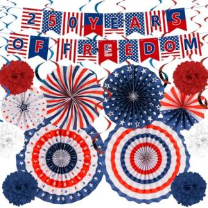 25 PCS US 250th Anniversary Decorations Set, 4th of July Decoration, Red White Blue Paper Fans in Patriotic Designs, 250 Years Garland Set for Independence Memorial Day Party Supplies Decor