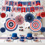 25 PCS US 250th Anniversary Decorations Set, 4th of July Decoration, Red White Blue Paper Fans in Patriotic Designs, 250 Years Garland Set for Independence Memorial Day Party Supplies Decor